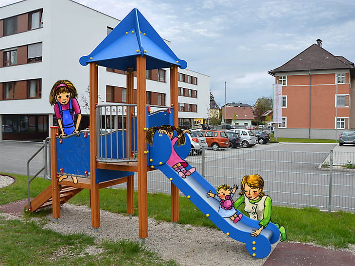 Laakirchen Wolfstraße Rutschturm mit Illustration