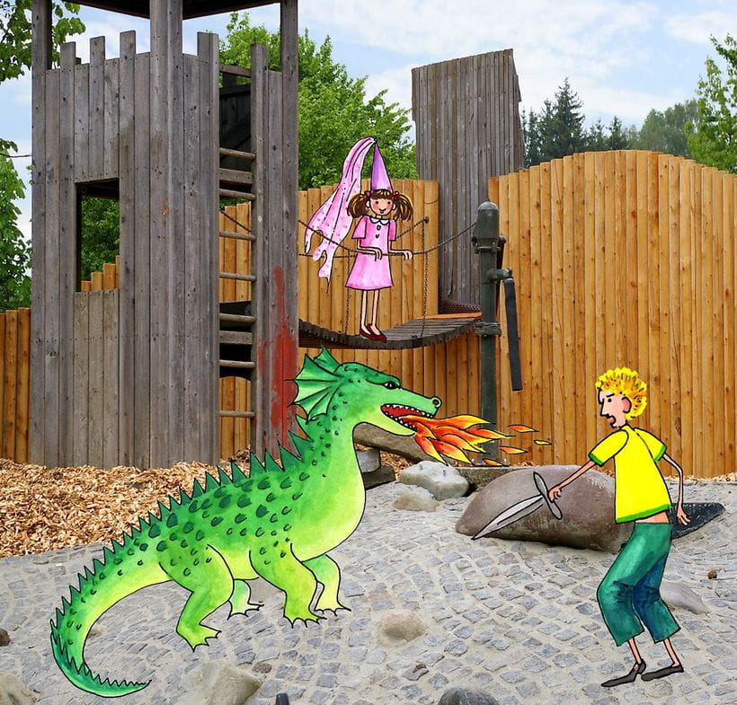 Aigen-Schlägl Spielplatz Kletterturm mit Illustration