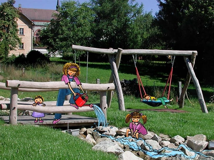 Aigen-Schlägl Spielplatz Wasserspielbereich mit Illustration