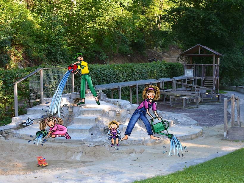 Perg Waldbad Spielplatz mit Illustration