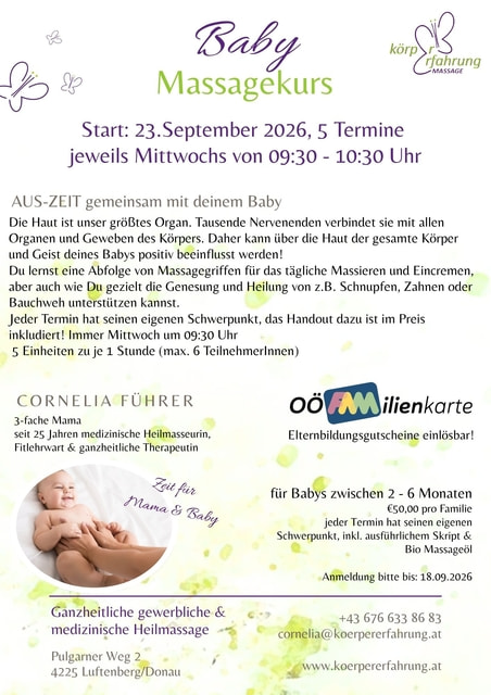 Babymassage Luftenberg, 5 Kurseinheiten für Babys von 2 bis 6 Monaten zur Förderung von Bindung, Entspannung und Wohlbefinden.